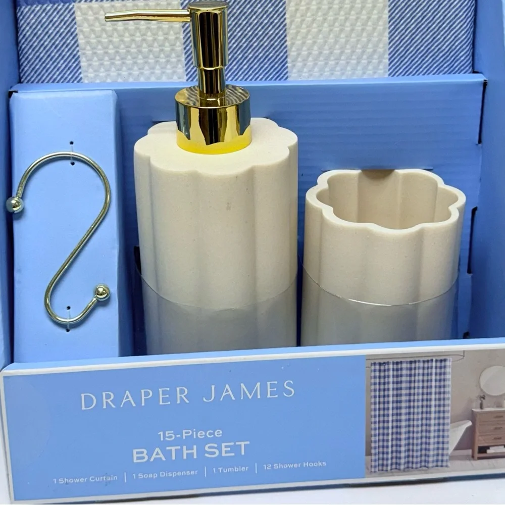 Draper James 15-Pc Bath Set Blue Gingham Shower Curtain, Soap Dispenser, Tumbler